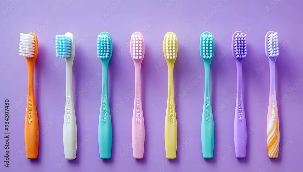 A row of colorful toothbrushes arranged on a purple background
A row of colorful toothbrushes arranged on a purple background