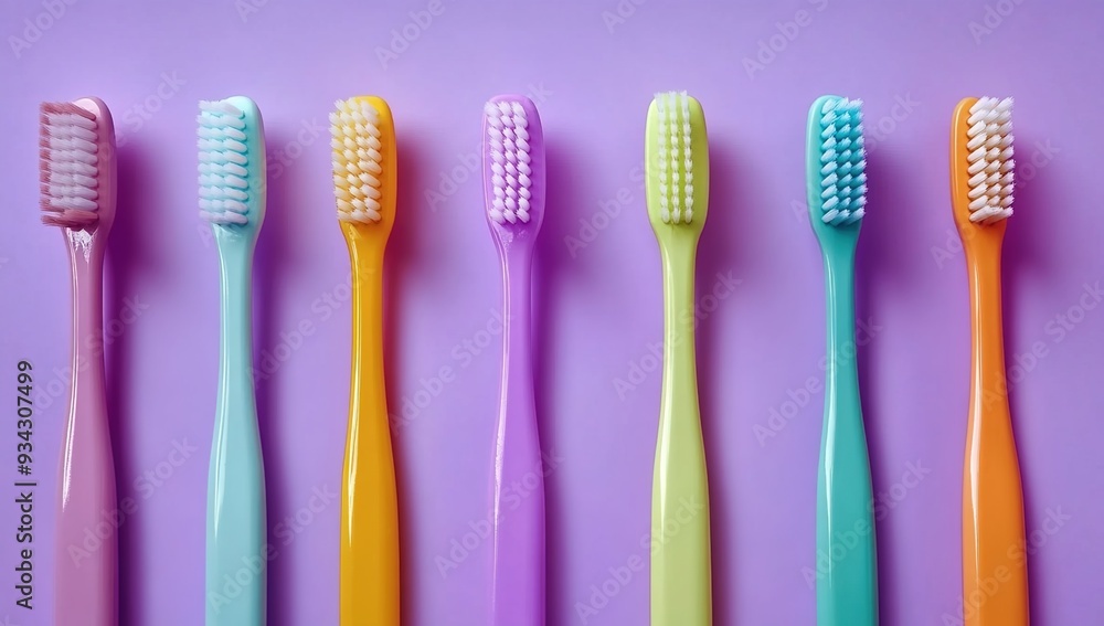 A row of colorful toothbrushes arranged on a purple background
A row of colorful toothbrushes arranged on a purple background