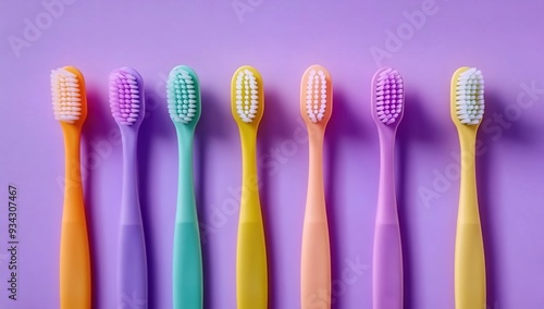 
A row of colorful toothbrushes arranged on a purple background photo