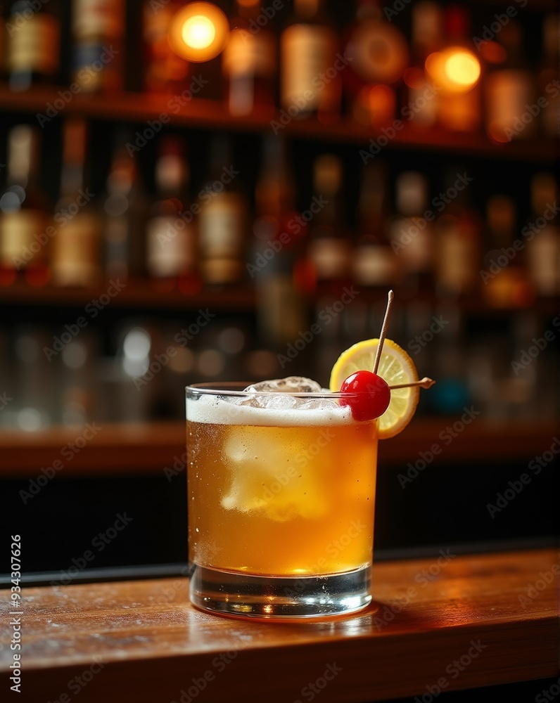 A perfectly mixed Whiskey Sour garnished with a lemon slice and cherry, served in a glass with ice, set on a polished bar with warm, ambient lighting. A perfectly mixed Whiskey Sour garnished with a lemon slice and cherry, served in a glass with ice, set on a polished bar with warm, ambient lighting.