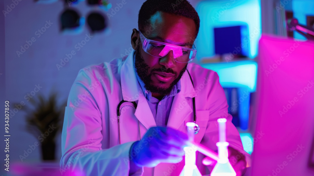 A scientist carefully mixes colorful liquids in test tubes while working late in a vibrant laboratory A scientist carefully mixes colorful liquids in test tubes while working late in a vibrant laboratory