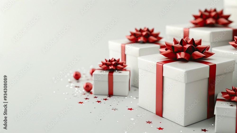 Fototapeta premium merry Christmas or birthday white gift box with red ribbon on white background abstract greeting cards, banners, merry christmas, happy winter, new year eve , new year celebrations