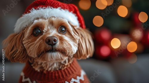 Funny Cockapoo Dog with Santa Hat on Festive Christmas Background	