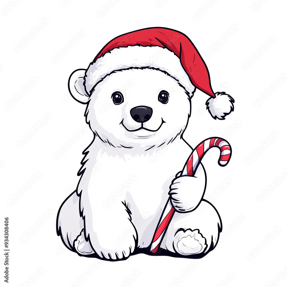 Cartoon polar bear cub with a Santa hat holding a candy cane happily isolated on a transparent background Cartoon polar bear cub with a Santa hat holding a candy cane happily isolated on a transparent background