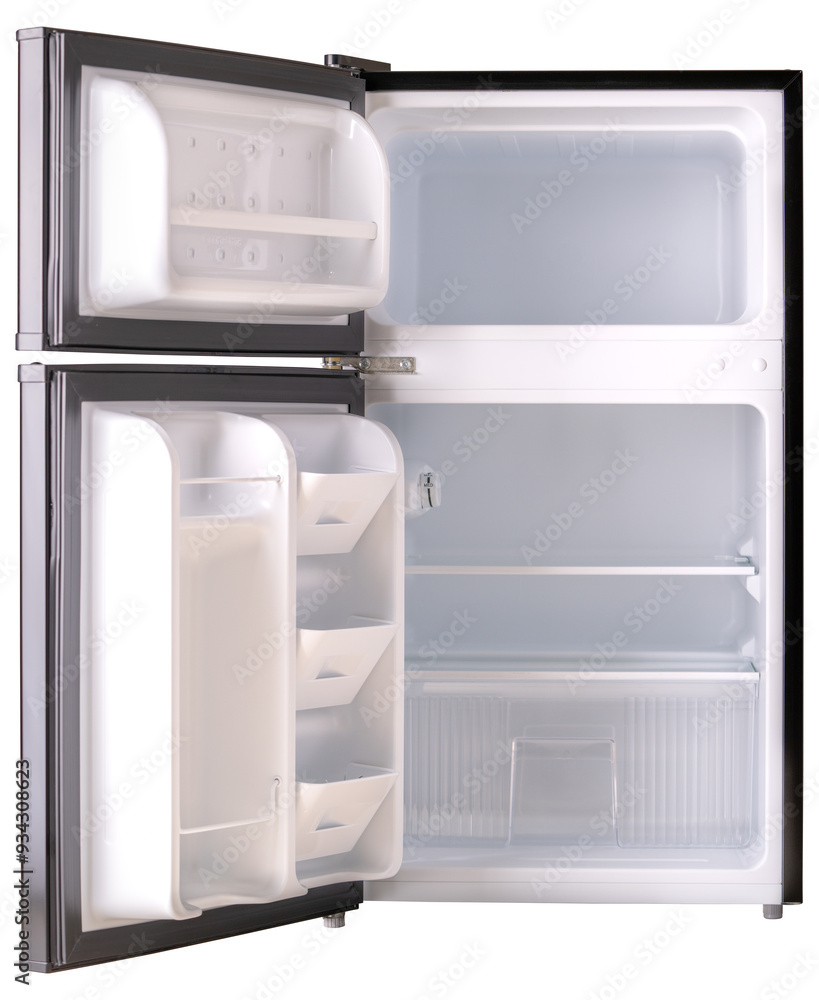 Refrigerator or fridge. 2 Door refrigerator with freezer for ice. Cold temperature. Cold storage. Fridge for grocery store fresh food. Kitchenware or kitchen appliance for freeze and cooling products. Refrigerator or fridge. 2 Door refrigerator with freezer for ice. Cold temperature. Cold storage. Fridge for grocery store fresh food. Kitchenware or kitchen appliance for freeze and cooling products.