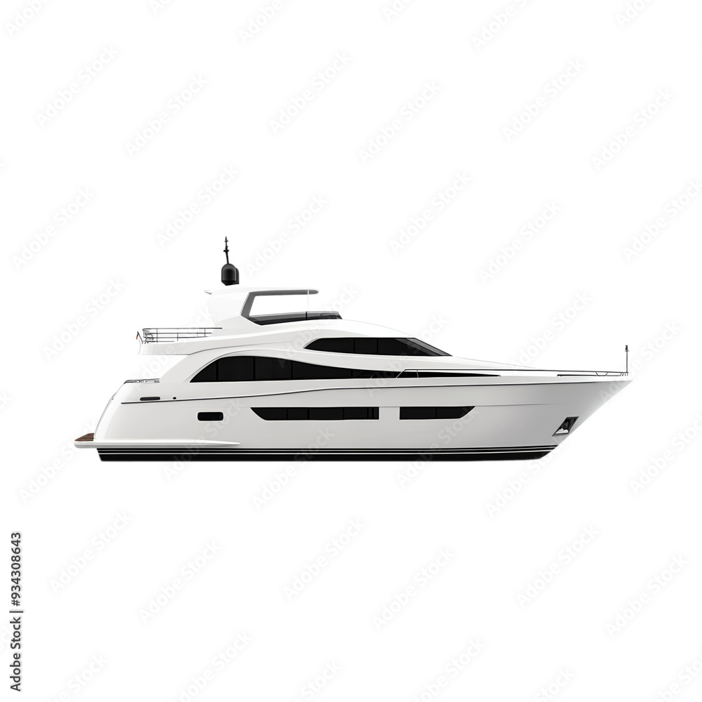Clean minimalist yacht side view dark tinted windows isolated on transparent background Clean minimalist yacht side view dark tinted windows isolated on transparent background