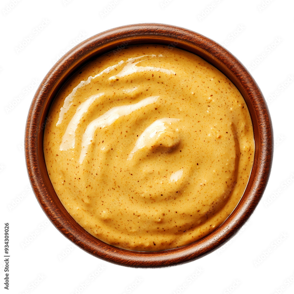Creamy maple Dijon sauce in a rich amber bowl top view isolated on transparent background Creamy maple Dijon sauce in a rich amber bowl top view isolated on transparent background