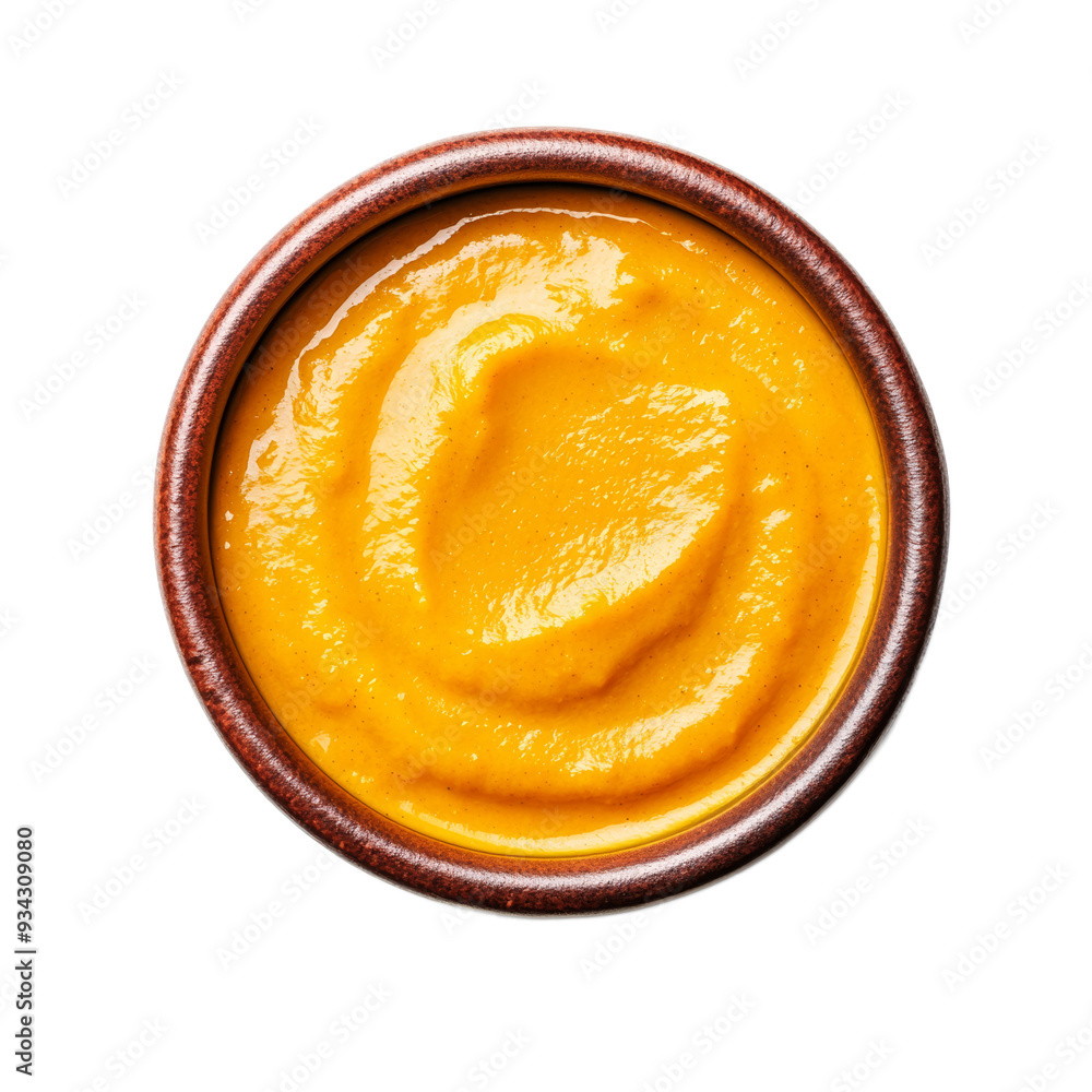 Creamy pumpkin sauce in a deep orange bowl top view isolated on transparent background Creamy pumpkin sauce in a deep orange bowl top view isolated on transparent background