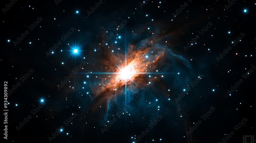 Fototapeta premium Bright cosmic dust clouds surrounding a massive star, stellar background, cosmic details