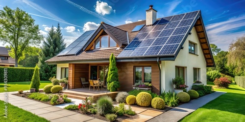 Sustainable living: A charming residence with sleek solar panels on the roof, efficiently converting sunlight into clean energy, promoting a green and environmentally friendly lifestyle. photo