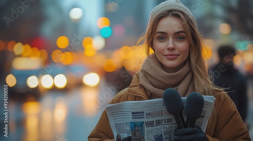 Female Reporter Holding Microphone and Newspaper on City Street with Cars and Woman in Beige Jacket in Background - Urban Cityscape at Sunset

 photo