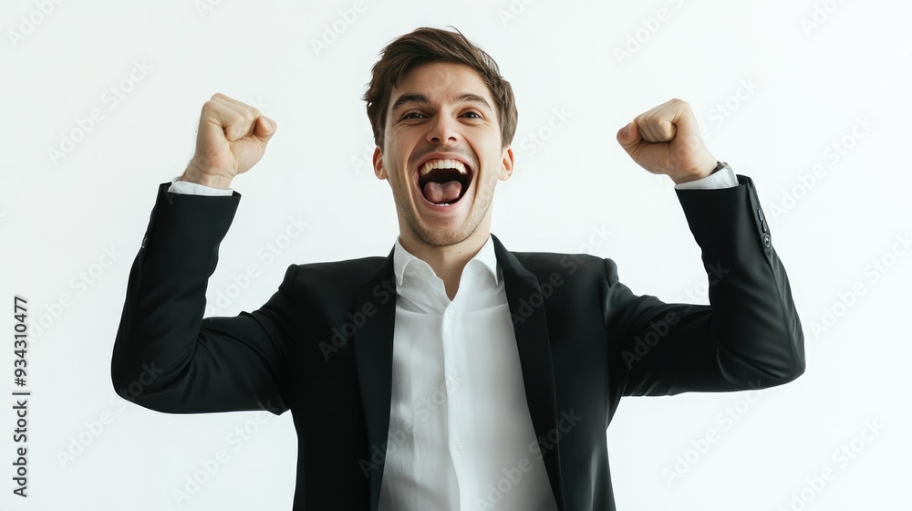 A businessman celebrating his promotion with a proud and excited expression, displaying success. A businessman celebrating his promotion with a proud and excited expression, displaying success.