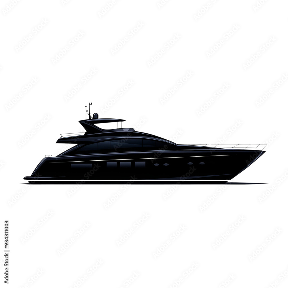 Minimalist motor yacht sleek side silhouette dark windows isolated on transparent background Minimalist motor yacht sleek side silhouette dark windows isolated on transparent background
