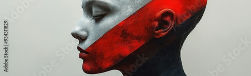 Close up of a person's face with a red and white face, creative portrait, banner, copy space photo