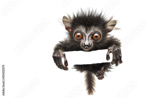 Black and White Ruffed Lemur with Wild Hair Holding Sign - Isolated on White Transparent Background, PNG 