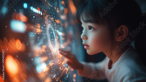 A child in a futuristic learning pod, using a holographic interface to explore the concepts of digital citizenship and responsible online behavior.