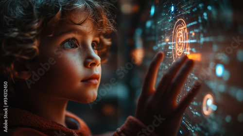 Obraz na płótnie A child in a futuristic learning pod, using a holographic interface to explore the concepts of digital citizenship and responsible online behavior. w salonie