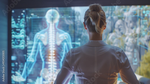 A woman is looking at a computer screen that shows a skeleton