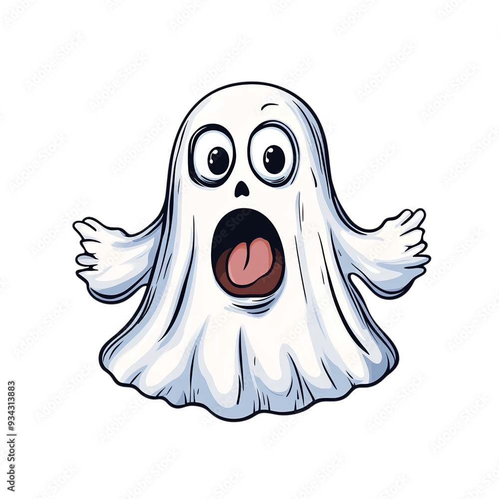 Spooky cartoon ghost with wide eyes and a surprised expression floating isolated on a transparent background Spooky cartoon ghost with wide eyes and a surprised expression floating isolated on a transparent background