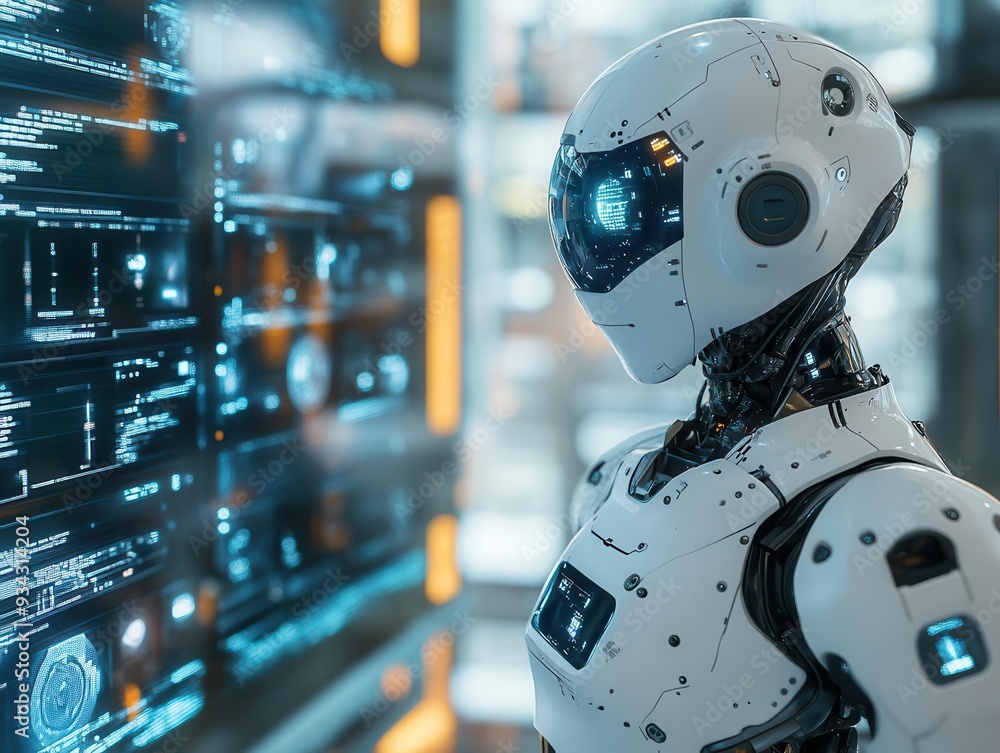 AIdriven robot in a hightech lab, interacting with digital screens and futuristic interfaces, Futuristic, Cool Tones, Detailed AIdriven robot in a hightech lab, interacting with digital screens and futuristic interfaces, Futuristic, Cool Tones, Detailed
