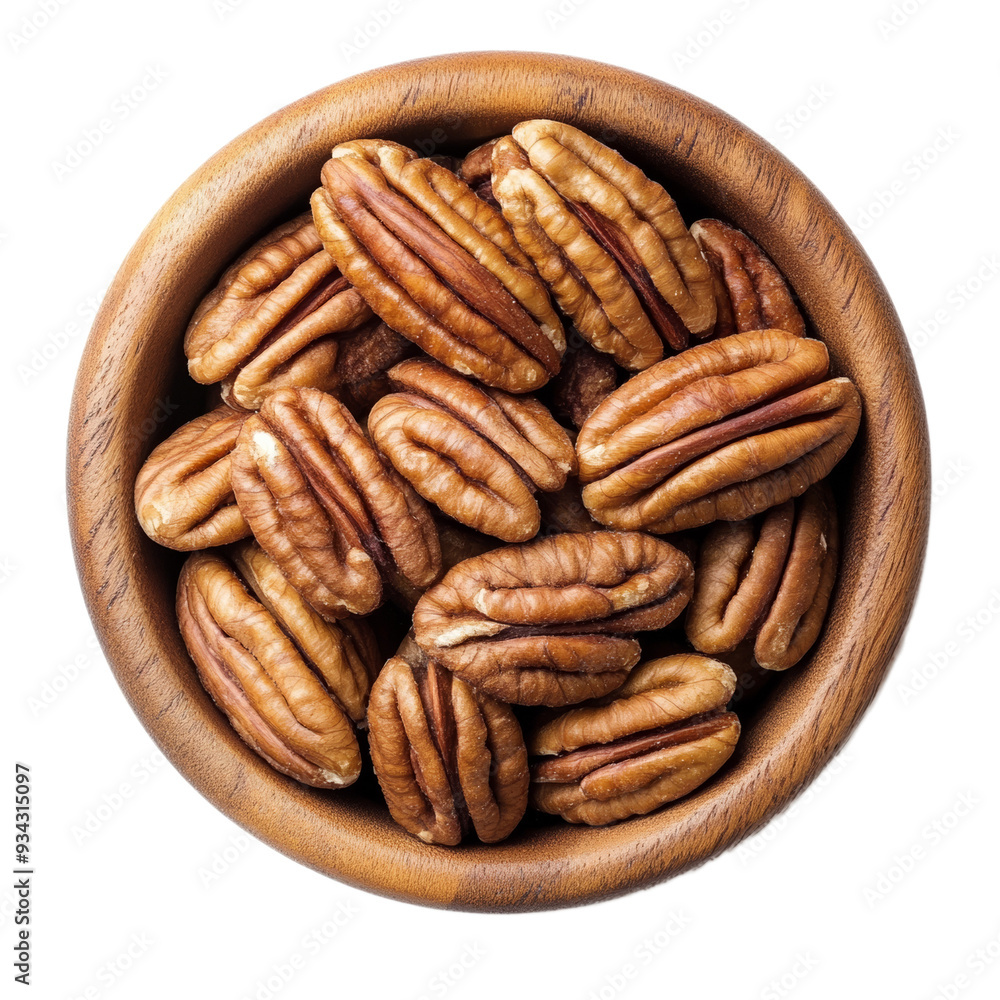 Top view pecans neatly arranged in wooden bowl isolated on transparent background Top view pecans neatly arranged in wooden bowl isolated on transparent background