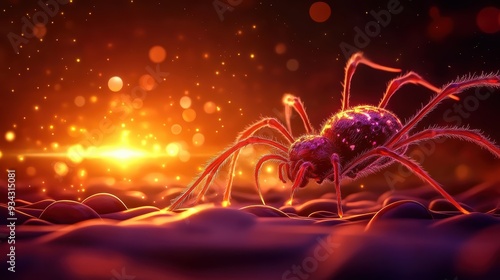 A close-up view of a spider under vibrant lighting, showcasing intricate details and textures in a surreal environment.