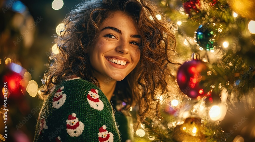 Joyful Holiday Cheer: A Smiling Woman in a Cozy Green Cardigan Surrounded by Twinkling Lights and Ornaments - Perfect Poster for Your Festive Home or Cozy Winter Décor! Joyful Holiday Cheer: A Smiling Woman in a Cozy Green Cardigan Surrounded by Twinkling Lights and Ornaments - Perfect Poster for Your Festive Home or Cozy Winter Décor!
