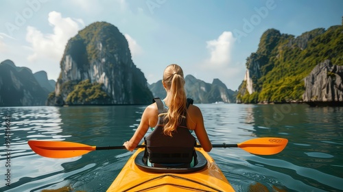 A woman in a kayak paddles through a calm body of water surrounded by towering limestone cliffs.