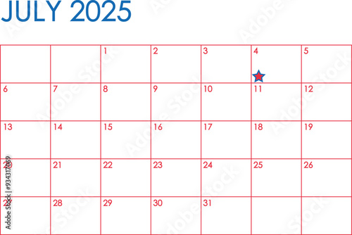 July 2025 month calendar. Simple design in red and blue colors and a star marking Independence Day on the Fourth of July