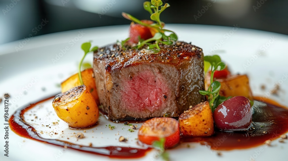 Gourmet dish beautifully plated on a white plate, with vibrant colors and textures, Elegant, Bright, High Detail Gourmet dish beautifully plated on a white plate, with vibrant colors and textures, Elegant, Bright, High Detail