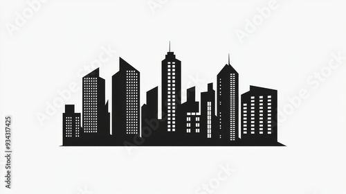 A cityscape vector icon in black silhouette, set against a white backdrop for a minimalist effect