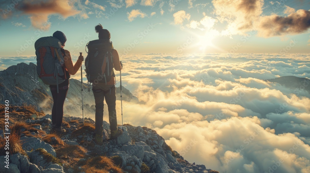 Fototapeta premium Men with trekking poles standing at the summit, overlooking a cloud-filled valley, the sun breaking through the clouds