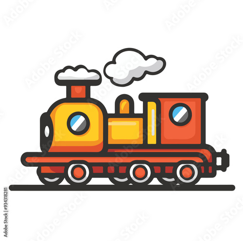 Yellow and red train with smoke puffing cartoon illustration, generative ai