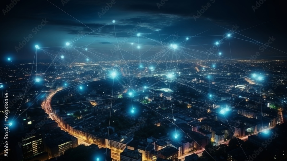 Obraz premium Urban night skyline showcasing holographic network display in a modern city setting