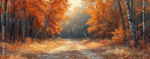 Nature trail with vibrant autumn colors, leaves crunching underfoot, and a crisp breeze, Serene, Warm Tones, Atmospheric