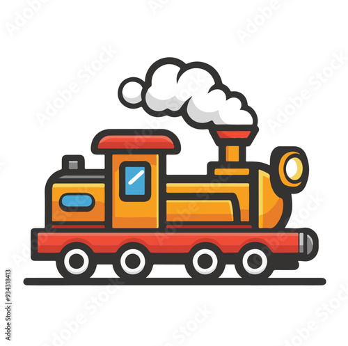 Yellow and red train with smoke puffing cartoon illustration, generative ai