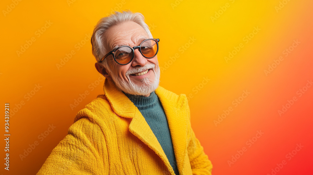 A fun-loving senior man, sporting a fashionable style, confidently posing against a vibrant background. A fun-loving senior man, sporting a fashionable style, confidently posing against a vibrant background.