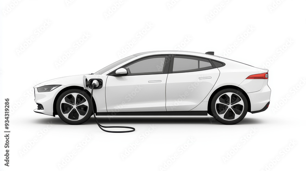 Naklejka premium A hybrid electric vehicle plugged into a charging station, isolated on a crisp white background. 