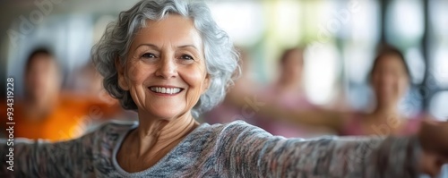 Senior fitness group enjoying a lowimpact exercise class, with smiles and gentle movements, Supportive, Bright, High Energy