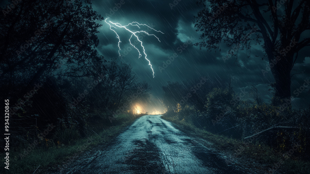 Fototapeta premium A nighttime road lit by lightning bolts, framed by stormy weather, creating a tense atmosphere. 