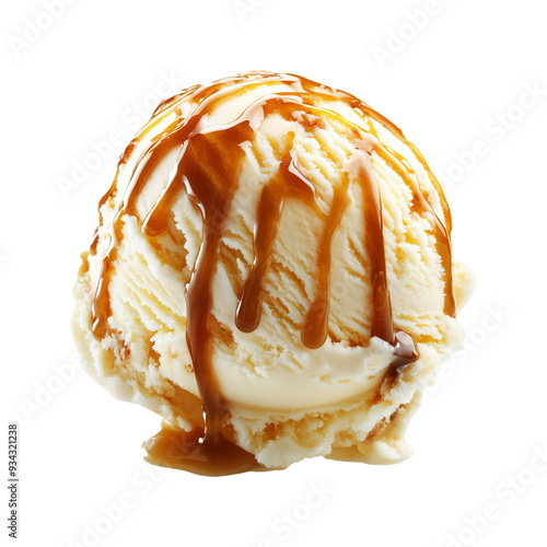 Creamy Delicious Vanilla Ice Cream Scoop with Caramel Sauce