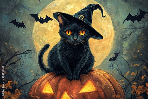 A cat dressed in a Halloween costume, with playful and spooky elements. Perfect for themes of Halloween, pets, and festive fun photo