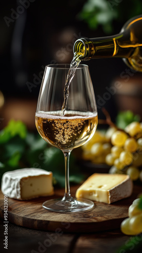 wine, cheese, and grapes on a wooden table