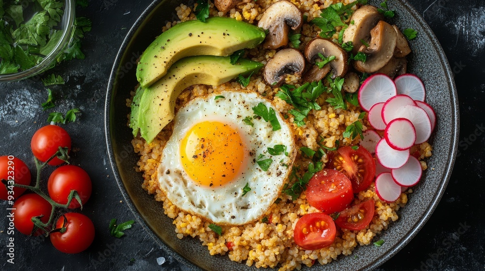 Healthy breakfast bowl with avocado, egg, tomatoes, and mushrooms on a dark table Healthy breakfast bowl with avocado, egg, tomatoes, and mushrooms on a dark table