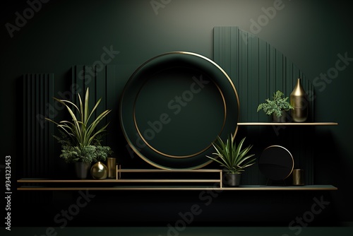 Green wall with gold shelves and circular frame. photo