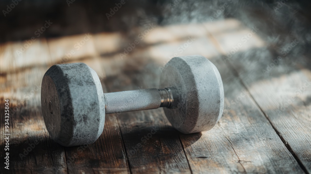 A solitary weighted dumbbell rests on a wooden floor as beams of sunlight illuminate it, representing strength, fitness, and the quiet dedication of personal workout routines. A solitary weighted dumbbell rests on a wooden floor as beams of sunlight illuminate it, representing strength, fitness, and the quiet dedication of personal workout routines.