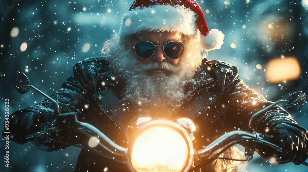 Papai Noel andando de moto, com neve caindo e flocos nos olhos. Ele está usando óculos vintage, uma jaqueta de couro preta Papai Noel andando de moto, com neve caindo e flocos nos olhos. Ele está usando óculos vintage, uma jaqueta de couro preta