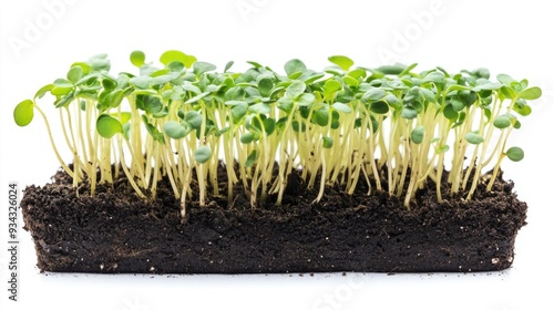 young small sprouts microgreens on white background. Healthy eating concept, culinary trend. photo