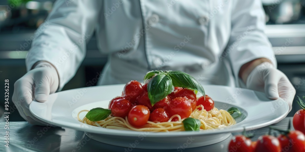 Plating dish of cherry tomatoes in pasta with basil leaves by chef in white uniform and gloves Haute cuisine