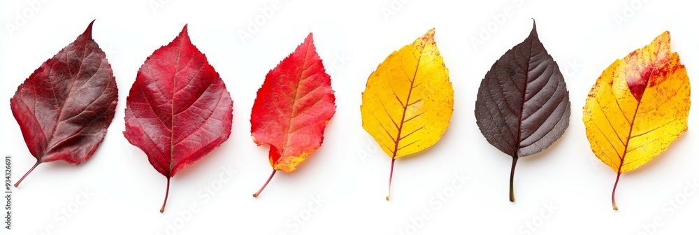 Obraz premium Colorful autumn leaves arranged in a line showcasing vibrant hues of red, yellow, and brown